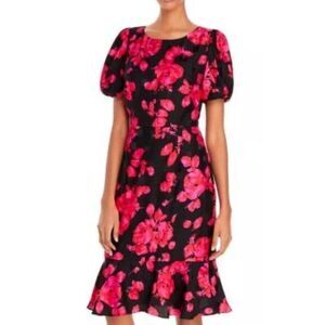 MILLY Katia Floral Print‎ Sheath Black Red  Dress Romantic Coquette Size 6